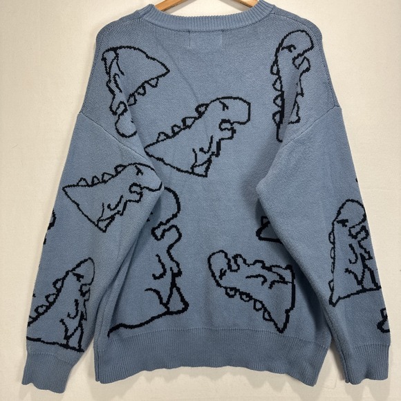 Aelfric Eden Blue Dinosaur Sweater Mens sz L Crewneck Knit Pullover Graphic - Picture 8 of 9